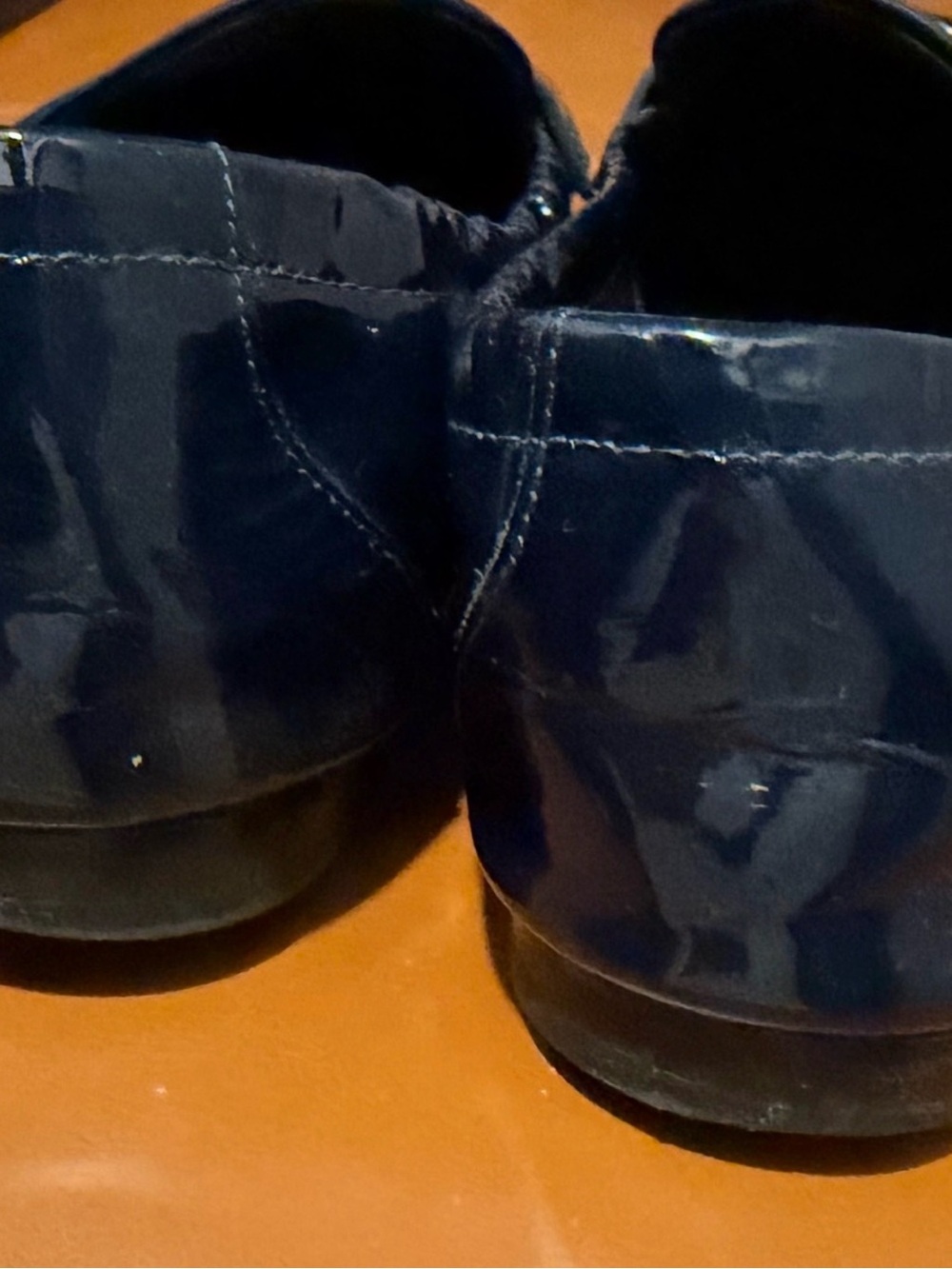 Tory Burch Navy Patent Leather Penny Loafers with Gold Logo - Picture 4 of 4